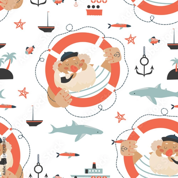 Fototapeta Seamless vector pattern with old sailor,lifebuoy,fish,vessel and anchor
