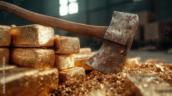 Fototapeta An axe is dramatically placed atop stacks of gold ingots, symbolizing wealth and power, amidst a golden dust atmosphere that captures the allure of precious materials.
