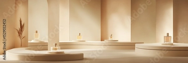 Obraz Abstract minimalist beige room with curved platforms displaying perfume mockup