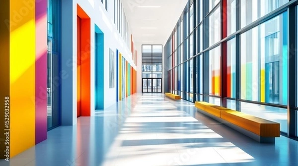 Obraz Modern building interior with colorful walls, large windows, and bright sunlight.