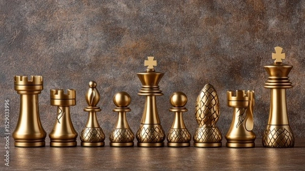 Obraz Gold chess pieces arranged in a row on a brown surface against a textured background.