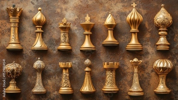 Obraz Overhead view of golden chess pieces arranged on a brown textured background.