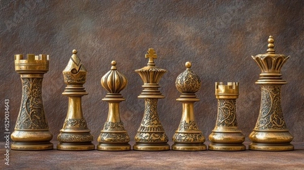 Obraz Ornate gold chess pieces arranged in a row against a dark brown background.