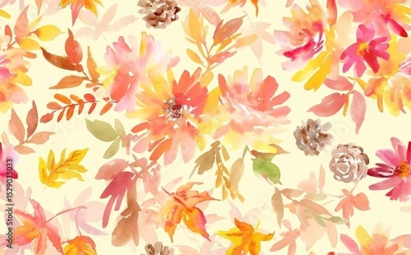 Obraz Seamless pattern of abstract autumn leaves, flowers painted in watercolor. Hand-drawn dahlias, autumn leaves and sunflower textile design for Thanksgiving. Wallpaper with dahlias, sunflowers.