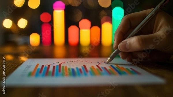 Fototapeta Hand analyzing colorful bar graph chart on wooden table with bokeh lights.