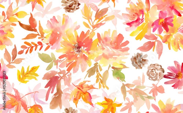 Obraz PNG seamless pattern of abstract autumn leaves, flowers painted in watercolor. Hand-drawn dahlias, autumn leaves and sunflower textile design for Thanksgiving. Wallpaper with dahlias, sunflowers.