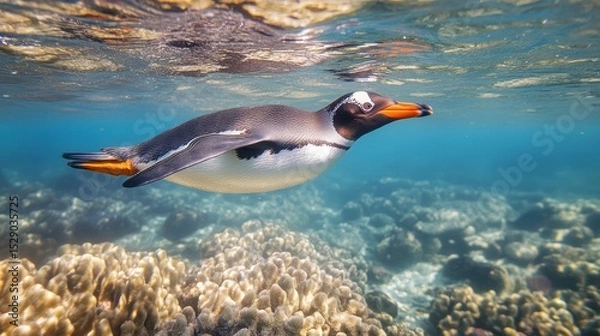 Obraz Underwater shot of a gentoo penguin swimming gracefully over a vibrant coral reef.