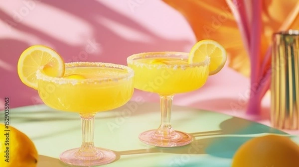 Obraz Two refreshing yellow cocktails garnished with lemon slices and sugar rim, on a pastel table, in sunlight.