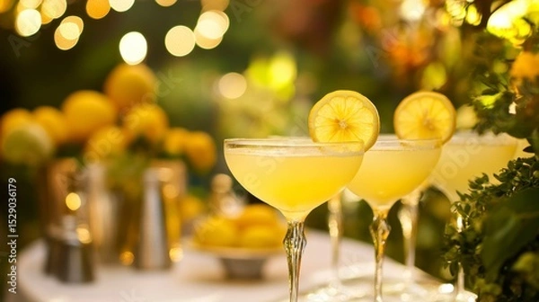 Obraz Three lemon cocktails in coupe glasses on a tray with blurred background.