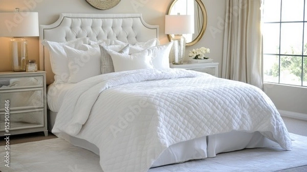 Obraz Luxurious white bedroom interior with tufted headboard, bedding, and nightstands.