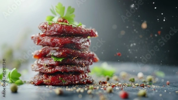 Obraz Stack of seasoned beef slices, garnished with parsley, peppercorns, and spices on a dark surface.