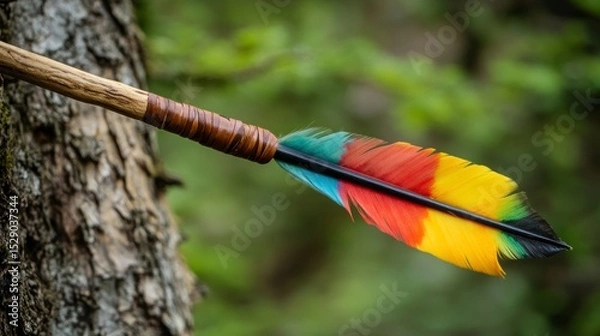 Obraz Close-up of a colorful arrow fletching against a tree trunk.