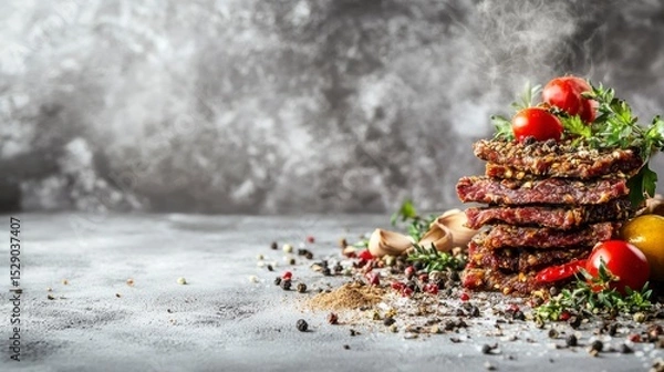 Obraz Spicy beef jerky stack with herbs and spices on a rustic surface.