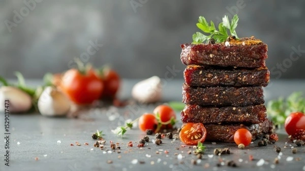 Obraz Stack of savory, spiced beef jerky with cherry tomatoes, garlic, herbs, and peppercorns.