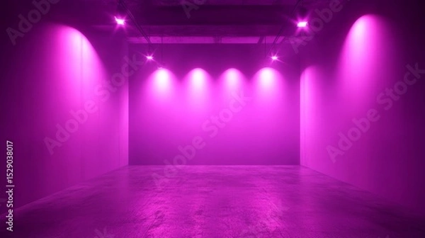 Obraz Empty room with glowing neon purple spotlights and abstract light effects, futuristic interior background with illuminated walls and floor, ideal for modern stage design, studio backdrop, or sci-fi di