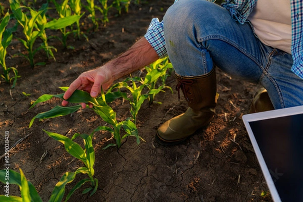 Fototapeta Farmer analyzing young corn plants in cultivated field, utilizing modern technology for efficient crop management and sustainable agriculture practices