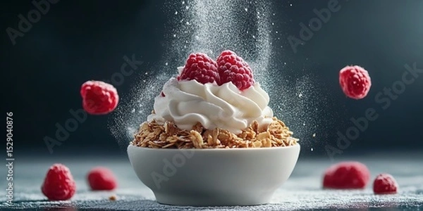 Obraz Delicious Granola with Whipped Cream and Raspberries A Tempting Breakfast Bowl
