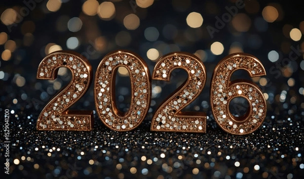Obraz The banner. Happy New Year and Merry Christmas. Shiny numbers from 2026, sequins and a beautiful side on a dark background. The flyer. Invitation.