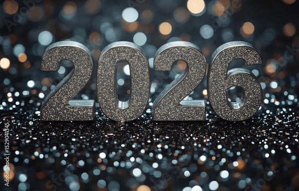 Obraz The banner. Happy New Year and Merry Christmas. Shiny numbers from 2026, sequins and a beautiful side on a dark background. The flyer. Invitation.