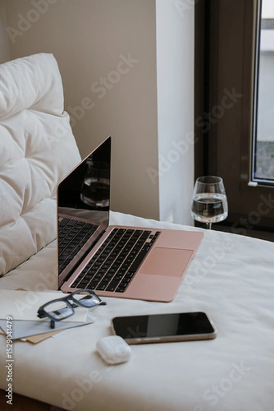 Fototapeta Modern Workspace with Laptop and Smartphone