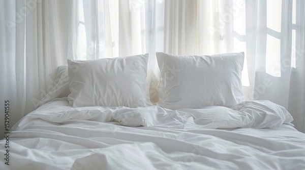Obraz A serene image of a casually unmade white bed, drenched in soft natural light, offers a peaceful and inviting atmosphere perfect for a restful retreat.