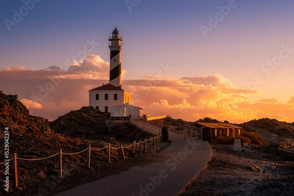 Fototapeta Dramatic Sunset Over Favaritx Lighthouse And Rugged Coastal Landscape. Menorca Landmark, Striking Sky, Balearic Islands Scenery, Golden Hour