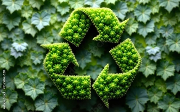 Fototapeta Green recycling symbol made of foliage on a leafy background forming an eco-friendly abstract concept ideal for sustainability themes. High quality