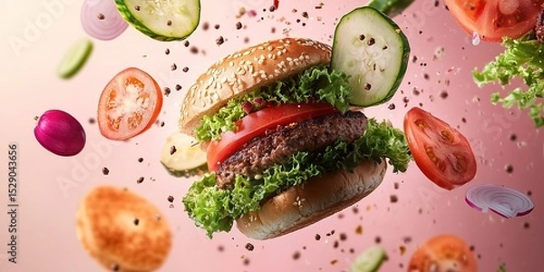 Obraz Juicy Burger with Fresh Veggies A Delicious Food Photography