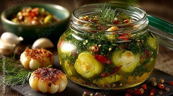 Fototapeta Marinated young garlic with chili slices and fresh herbs in glass jar with green lid on rustic wooden surface surrounded by grilled garlic and spice mix