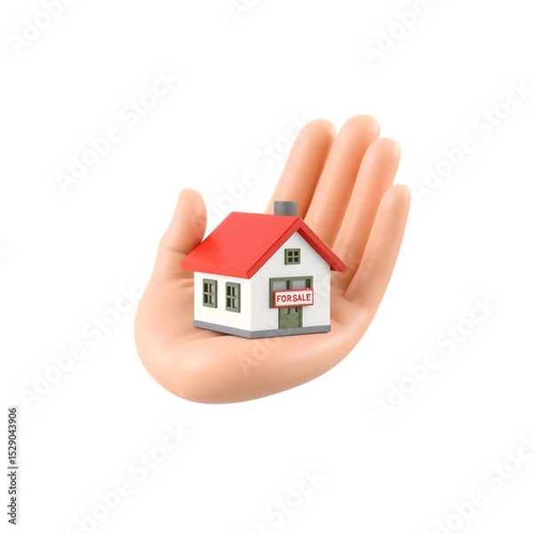 Fototapeta 3D Cartoon Hand Holding House Icon for Real Estate UI on Transparent Background. Png File