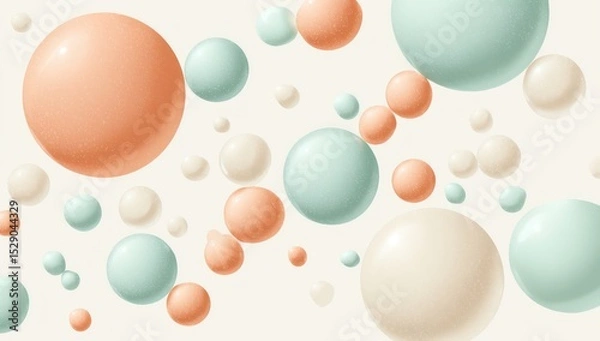 Fototapeta Soft peach and mint droplets are scattered across a clean white background, creating a delicate pattern.