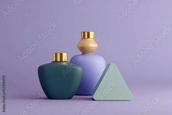 Fototapeta Liquid shapes in square and triangular forms, dark teal and gold, form a minimal pattern on a lavender backdrop.