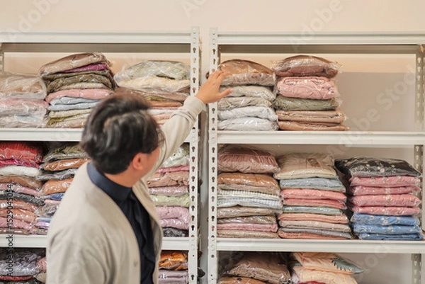 Fototapeta A man is looking at a shelf full of clothes