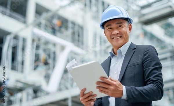 Fototapeta Smiling Asian Engineer With Hard Hat Holding Documents on Construction Site, Representing Project Leadership and Infrastructure Development : Generative AI