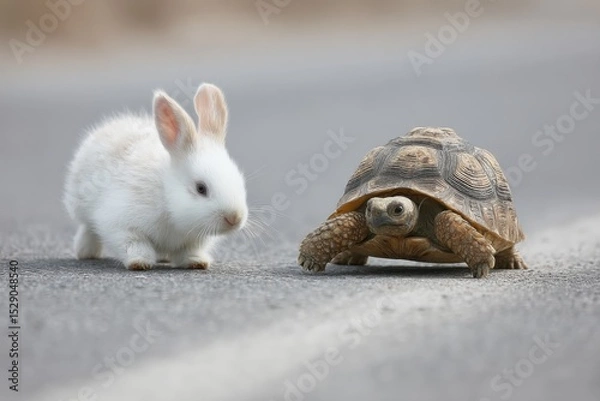 Fototapeta White Rabbit and Tortoise Face Off on Asphalt, Symbolizing Competition and Perseverance in Business Strategy and Personal Growth : Generative AI