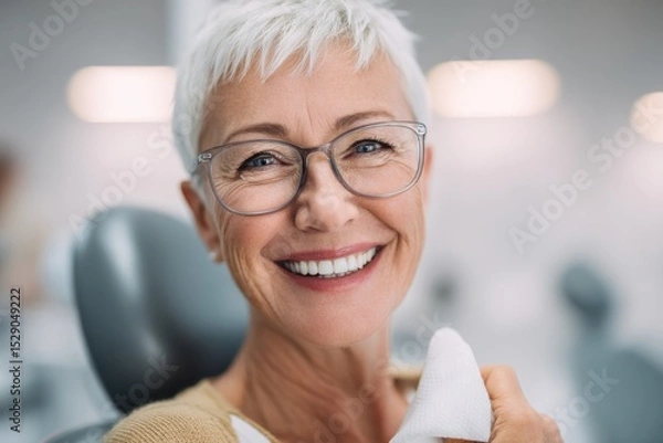 Fototapeta Smiling Senior Woman at Dentist Office, Showcasing Dental Care and Healthy Aging, Representing Patient Satisfaction and Medical Consultation : Generative AI