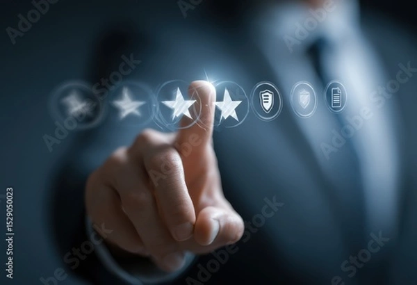Fototapeta Hand Touching Star Icons on Screen, Representing Customer Satisfaction and Quality Assurance in Business Solutions : Generative AI
