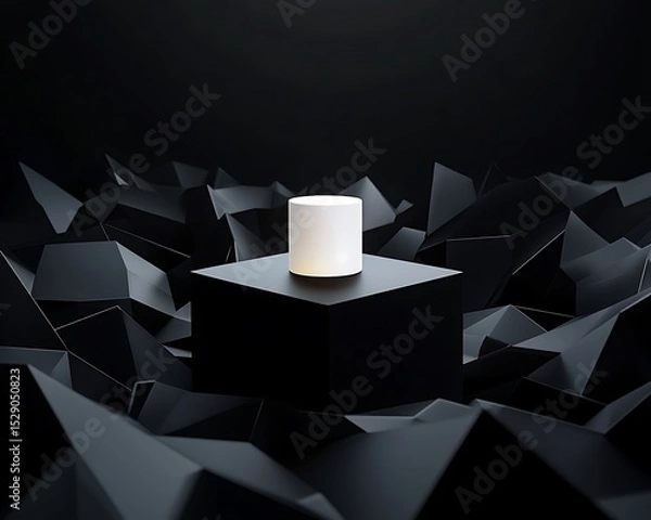 Obraz Black polygonal abstract platform with glowing white product in center spotlight