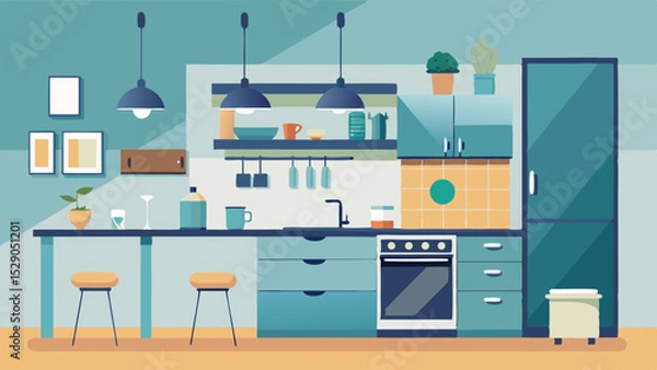 Fototapeta  Modern Flat Style Kitchen Interior with Furniture and Appliances – Vector Illustration