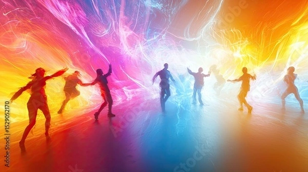 Fototapeta A group of people in a bright, colorful environment, their movements creating energy bursts as they work together.