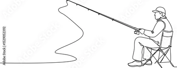 Obraz continuous single line drawing of man with fishing rod sitting on fishing chair, line art vector illustration