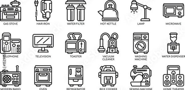 Obraz Collection of Household Appliances and Electronics 18 Line Icons of Home Devices, Gadgets, and Equipment for Digital Design Projects