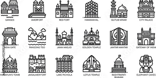 Obraz Iconic Landmarks of India A Collection of 18 Line Art Illustrations Featuring Famous Monuments and Structures