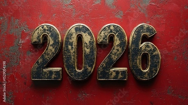 Fototapeta Distressed black and gold 2026 numbers on textured red background representing vintage style New Year celebration Generative AI