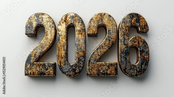Fototapeta Rough textured black and gold 2026 numbers on white background symbolizing vintage New Year celebration and artistic design Generative AI