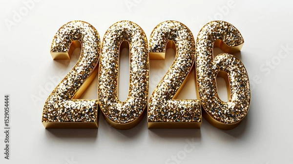 Fototapeta Sparkling golden 2026 numbers with glitter texture on clean white background symbolizing New Year celebration and luxury style Generative AI