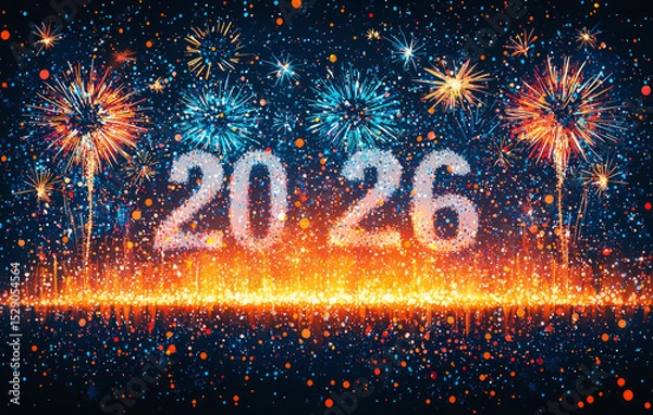 Fototapeta Colorful 2026 numbers with fireworks and confetti on dark background symbolizing festive New Year celebration and party atmosphere Generative AI