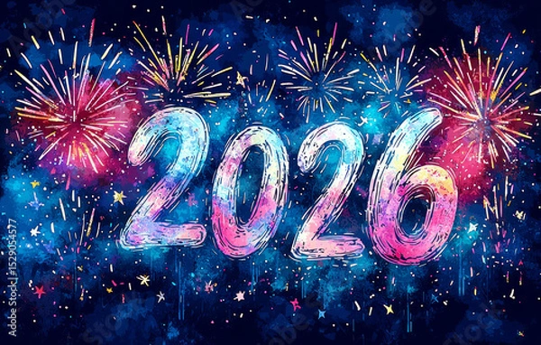 Fototapeta Colorful artistic 2026 numbers with fireworks and stars on night sky background symbolizing creative New Year celebration Generative AI