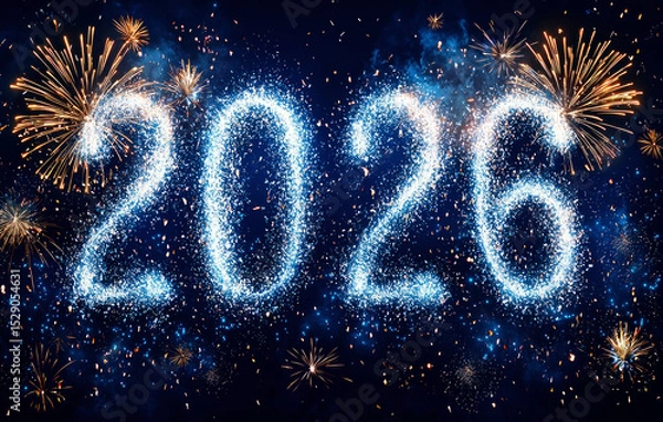 Fototapeta Radiant blue 2026 numbers formed from sparkles and surrounded by golden fireworks in night sky celebrating New Year with energy and joy Generative AI