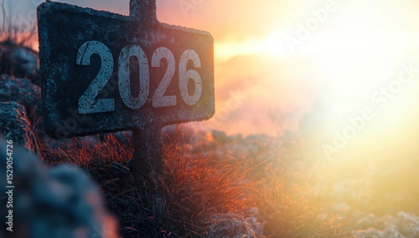 Fototapeta Weathered 2026 signpost on frosty ground at sunrise with glowing sunlight symbolizing new beginnings and the passage of time Generative AI